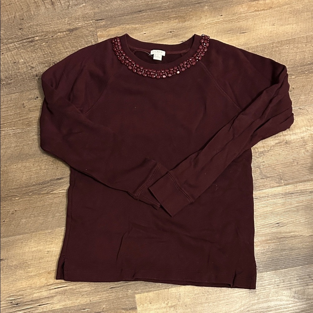 J. Crew Men's Dark Red Crewneck Sweater with Embellished Neckline